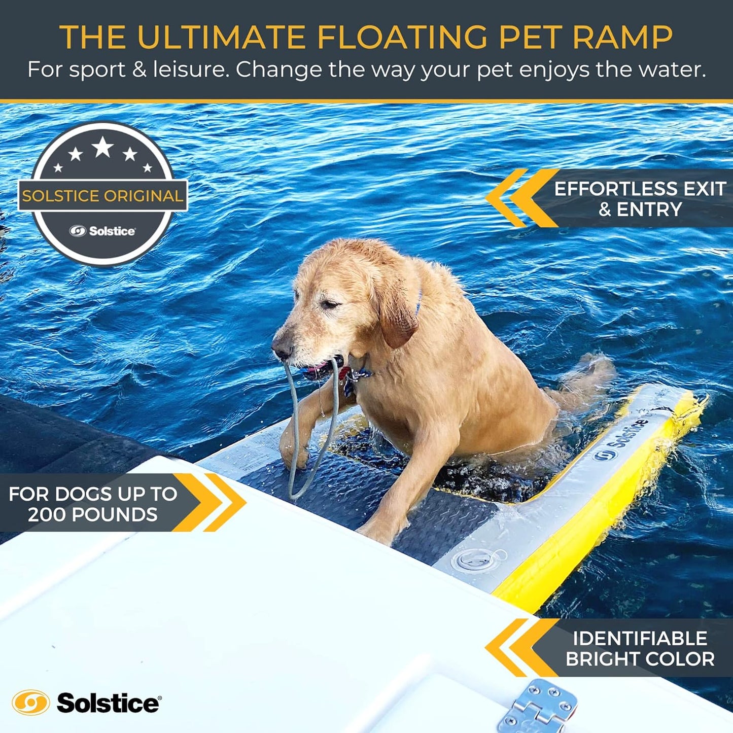 Solstice - Inflatable Pup Plank Dog Float Floating Ramp Ladder For Pools Boats Docks | Dog On Water Ladder Steps | For Swimming Pets Up To 200 Pounds | Claw Friendly Safe & Easy For Large Dogs